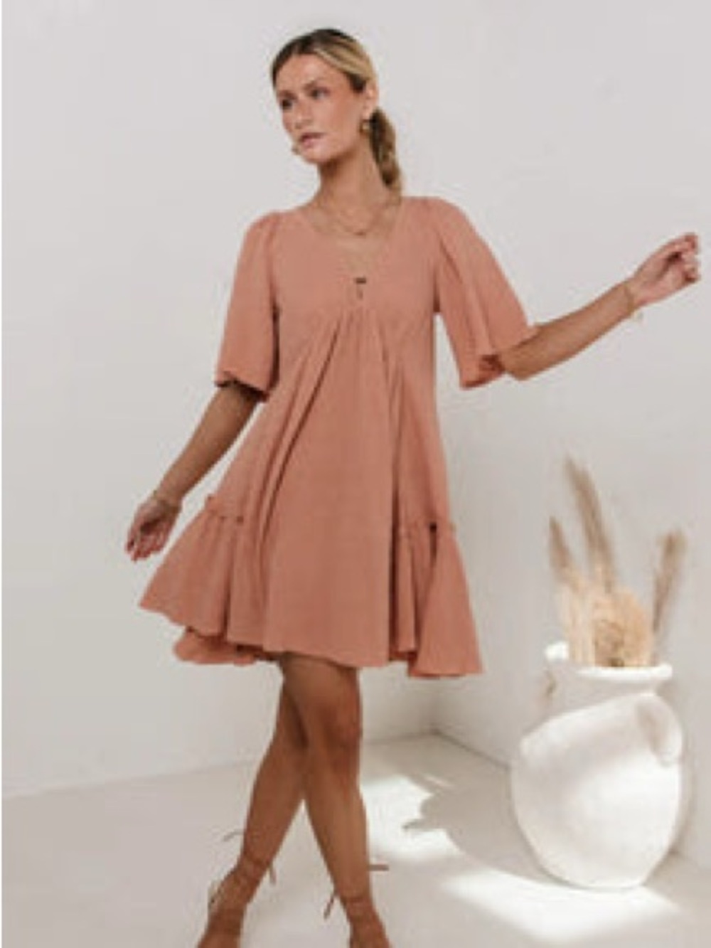 Millibon Terracotta V-Neck Tie-Back Mini Dress